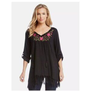 Karen Kane Boho Black Top tunic Pink Floral Embroidery Tassels Size Large